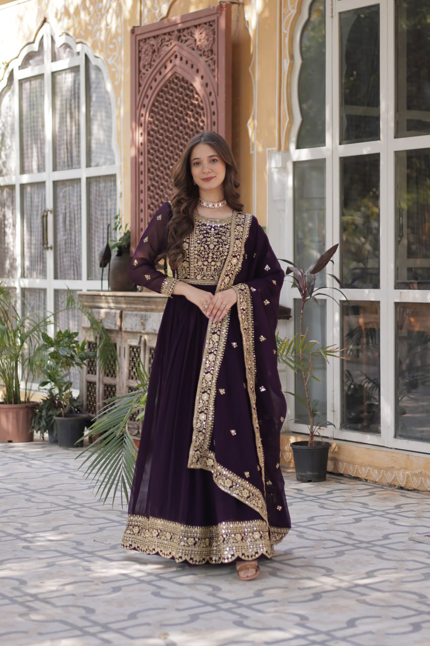 Women's Luxurious Plum Velvet Anarkali Gown with Heavy Gold Zari & Sequin Embroidery – Perfect for Weddings & Grand Festivities - Image 5